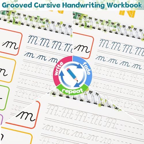 chiazllta Grooved Cursive Handwriting Workbook with Disappearing Ink Pens Magic Reusable Grooved Cursive Writing Practice for Beginners Kids Kickoff Student Workbook Homeschooling Supplies (Letters) - Image 4