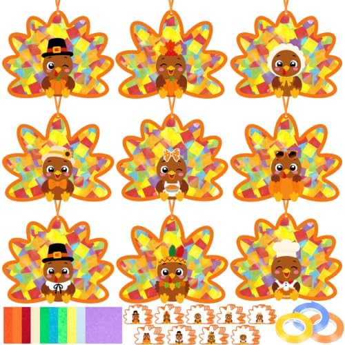 Renbuzhu 48PCS Thanksgiving Crafts Bulk: Cute Turkey Paper Suncatchers DIY Kit for Fall Activities Decorations, Window Stained Glass Effect Art Supplies by Renbuzhu