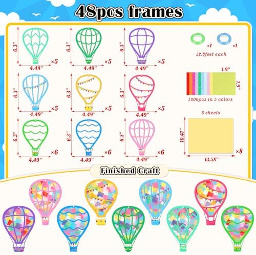 Renbuzhu 48PCS Back to School Crafts: Paper Hot Air Balloon Suncatchers DIY Kits, Summer Window Stained Glass Effect Art Supplies - Image 4