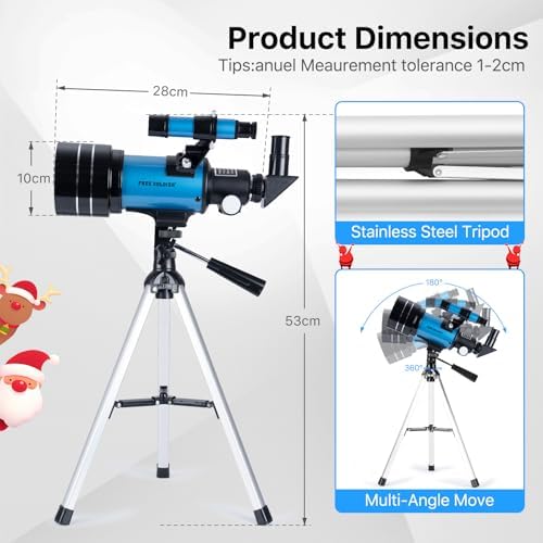 Telescope for Adults Astronomy 70mm Aperture 300mm Focal Length Portable Astronomical Telescope for Beginners Age Over 8 Years Old with Wireless Remote Carry Bag Tripod (Blue) - Image 5