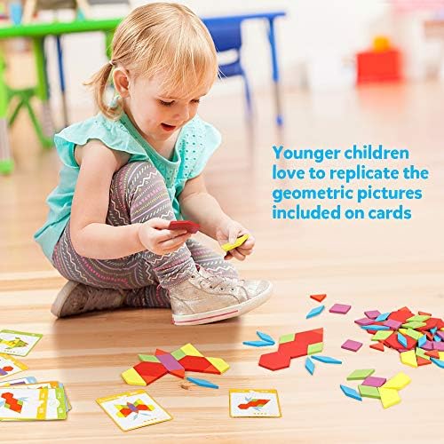 Coogam Wooden Pattern Blocks Set 130PCS Geometric Color Shape Manipulative Puzzle – Graphical Montessori Tangram Early Learning Educational Toys Brain Teasers STEM Gift for Kids with 24 Design Cards - Image 3