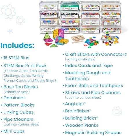 hand2mind STEM Bins Comprehensive Set by Brooke Brown, STEM Bins for Classroom, STEM Manipulatives for Elementary, STEM Activities, Kids Engineering Building Kits, Science Teacher Supplies (Set of 16) - Image 2