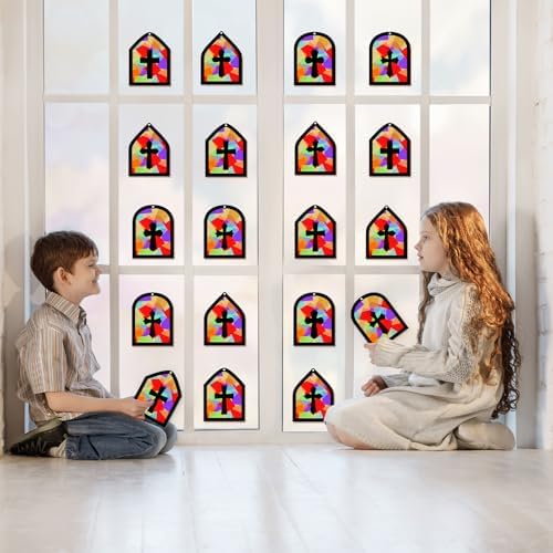 40PCS Sunday School VBS Crafts Bulk: Paper Cross Nativity Suncatchers, Jesus Religious Christian Classroom Camping Activity DIY Kits Gifts Church Decorations, Window Stained Glass Effect Art Supplies - Image 7