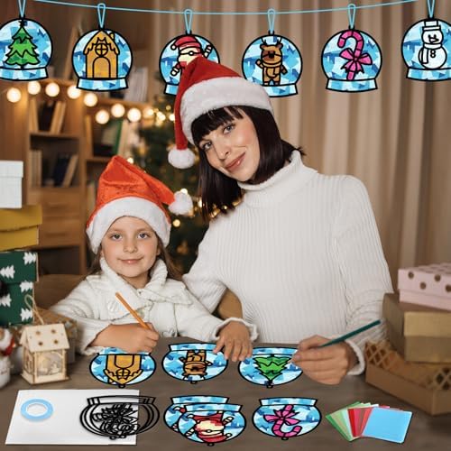 Qyeahkj 36 Set Winter Christmas Suncatchers Craft Kit for DIY Santa Snowman Reindeer Globe Tissue Paper Craft Kit Hanging Decor for Xmas Home Activity Art Project Birthday Party Favor Gift - Image 6