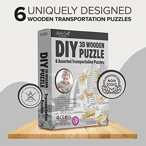 Hands Craft DIY 3D Wooden Puzzle – 6 Assorted Transportation Bundle Pack Set Brain Teaser Puzzles Educational STEM Toy Adults and Kids to Build Safe and Non-Toxic Easy Punch Out Premium Wood JP2B3 - Image 2