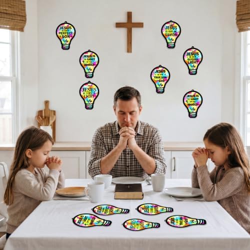 48PCS Sunday School VBS Crafts Bulk: Paper Lightbulb Cross Nativity Suncatchers, Religious Christian Activity DIY Kits Church Decorations, Window Stained Glass Effect Art Supplies(Jesus Style) - Image 3
