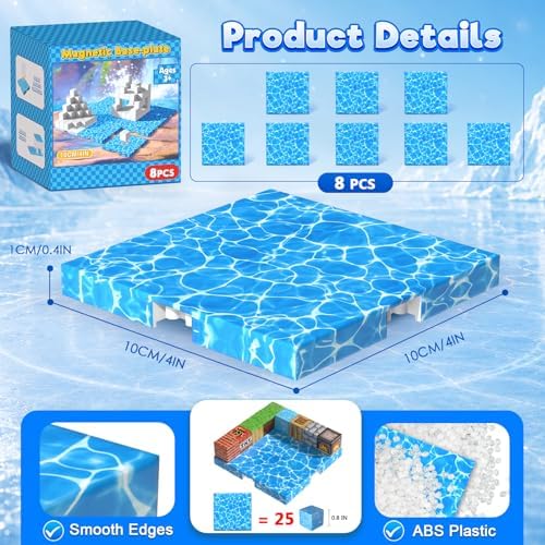 8PCS 4" x 4" Magnetic Building Block Base Plates for Kids, Strong Grip Magnetic blocks Base Compatible with Most Popular Magnetic Blocks & Cubes, STEM Educational Toys for Boys Girls Ages 3+ (Water） - Image 3