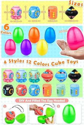12 Pack 3.4" Jumbo Filled Easter Eggs with Toys Magic Bean Cubes, Fidget Puzzle Toy Brain Teaser Easter Basket Stuffer Egg Fillers, Stress Relief Party Favors Gifts Kid Toddler Teen Classroom Prizes - Image 2