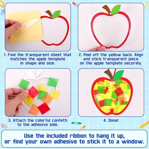 Renbuzhu 40PCS Back to School Apple-Shaped Crafts Bulk: Tissue Paper Sign Suncatchers, First Day of Classroom Activities DIY Kit, Fall Decorations, Window Stained Glass Effect Art Supplies - Image 5