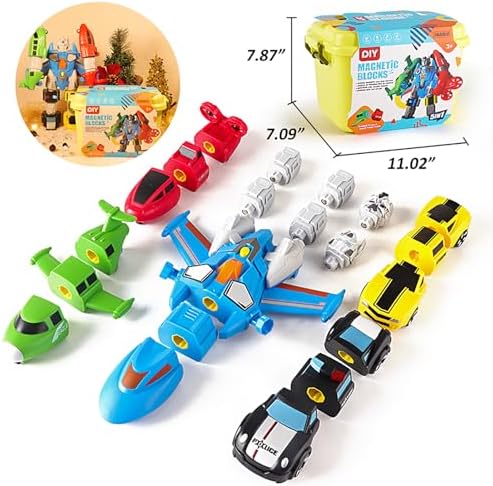 SOMMER 5-in-1 Magnetic Vehicles Toy Playset, Mix and Match STEM Stacking Assembling Car Kit with Storage Box, Transform into Robot, Birthday Gift for Toddler Kids 3 4 5 6 7 Year Old Boys Girls - Image 6