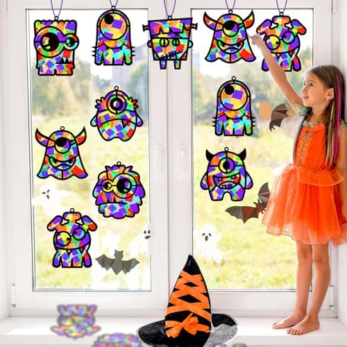 32 Sets Halloween Monster Suncatchers Craft Kit DIY Window Stained Glass Effect Halloween Monster Paper Crafts Home School Classroom Decoration Kid Birthday Gift Creative Art Project Activity Game - Image 6