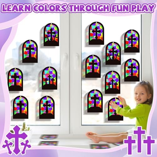 QOUBAI 32 Sets Cross Suncatchers Craft Kit DIY Religious Window Stained Glass Effect Christian VBS Paper Hanging Ornament Kid Easter Sunday School Birthday Gift Creative Art Project Activity Game - Image 5