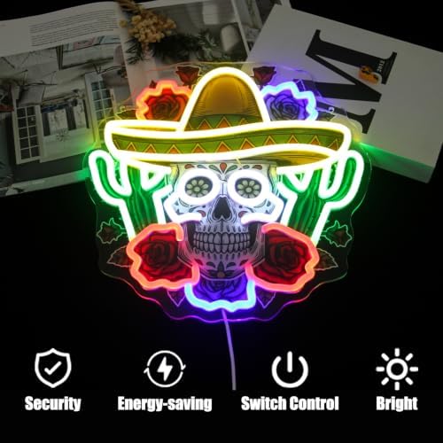 Mexican Sugar Skull Neon Light Sombrero Hat Cactus Roses LED Signs for Wall - Image 5