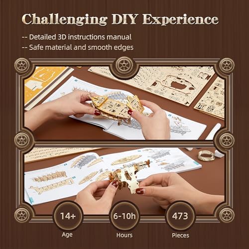 FUNPOLA LED 3D Wood Puzzle Fantasy Airship Model - Steampunk DIY Craft Kit with LED Lights – Intricate Wooden Airship Model Building Set for Adults(White) - Image 5