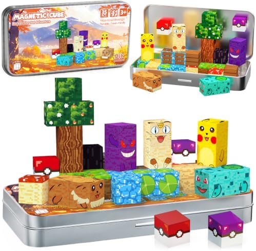Pocket Cubes Magnetic Blocks & Magnetic Tiles, 35 PCS Voxel Star Team Pet Building Cubes Set, STEM Construction Toys for Kids Ages 4-8, Mini Travel Toys for Toddlers 3-5, Montessori Sensory Gifts by BOIMOES