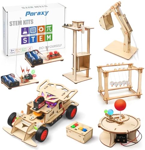 Poraxy 6 in 1 STEM Projects for Kids Ages 8-13, 3D Puzzles for Ages 8-13, STEM Building Sets 6-8, Electronic Science Kits Wood Car Crafts Birthday Gifts for 7 8 9 10 11 12 13 Year Old Boys Girls by Poraxy