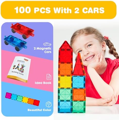 Gemmicc 100 PCS Magnetic Tiles with 2 Cars, Magnet Stacking Blocks Kids - Image 2