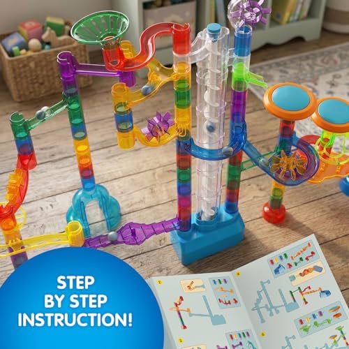 152pcs Glowing Marble Run Kit with Double Tracks Motorized Spiral Lift,2 Stunt Trampolines,30 Glow in The Dark Plastic Marbles & More. Building Project Toys, STEM Gifts for Boys&Girls. - Image 4