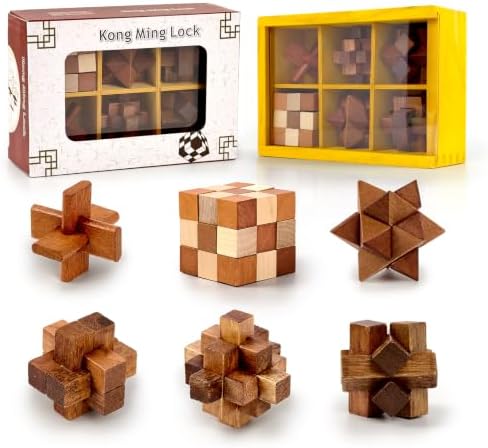 VolksRose 6pcs Wooden Brain Teaser Puzzles, IQ Challenge Puzzle Games, Logic Smart Mind Puzzle Box Lock Toy Removing Assembling 3D Small Puzzle Gift Set for Adults Teenagers Kids, 1.8inch 4.5cm by VolksRose