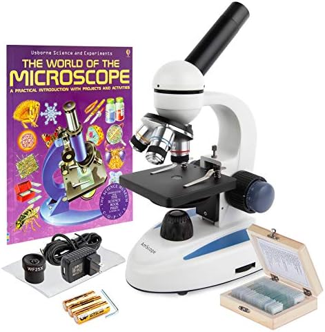 AmScope M158C-PS25-WM Cordless Compound Monocular Microscope, WF10x and WF25x Eyepieces, 40X-1000X Magnification, LED Illumination + Set of 25 Prepared Slides and Book by AmScope