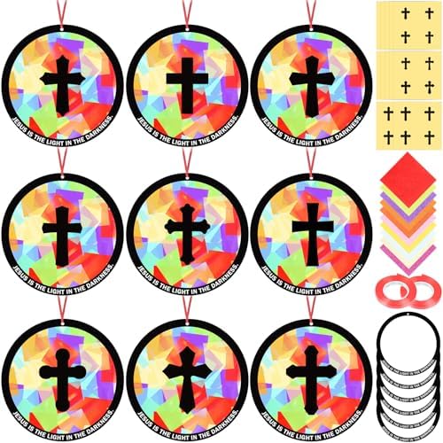 48PCS Sunday School VBS Crafts Bulk: Paper Cross Nativity Suncatchers, Jesus Religious Christian Activity DIY Kits Church Decorations, Window Stained Glass Effect Art Supplies(Round Shape) by Renbuzhu