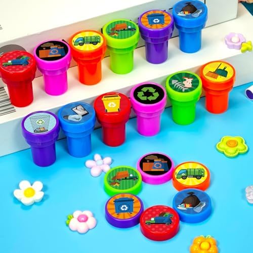 Cinrobiye 24 Pcs Garbage Truck Stampers Party Favor Set, Cute Waste Truck Stamps for Kids Birthday Party, Classroom Rewards, City Vehicle Toys, Goody Bag Fillers, Transportation Themed Party Supplies - Image 3