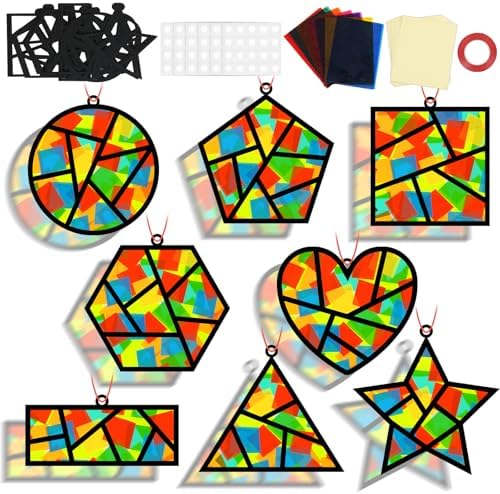 QOUBAI 32 Sets Back to School Geometric Recognition Suncatchers Craft DIY Window Stained Glass Effect Star Paper Crafts Home School Classroom Decor Kid Birthday Gift Creative Art Project Activity Game by QOUBAI