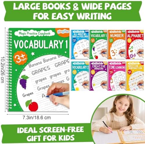 Magic Grooved Writing Practice Books for Kids 3-10, Large Reusable Handwriting Workbooks with Disappearing Ink, 3D Tracing Book Toy Gifts for Kindergarten Summer Workbook Preschool Learning Activities - Image 3