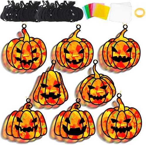 32 Sets Fall Halloween Pumpkin Suncatchers Craft Kit DIY Window Stained Glass Effect Halloween Pumpkin Paper Craft Home School Classroom Decoration Kid Birthday Gift Creative Art Project Activity Game by QOUBAI