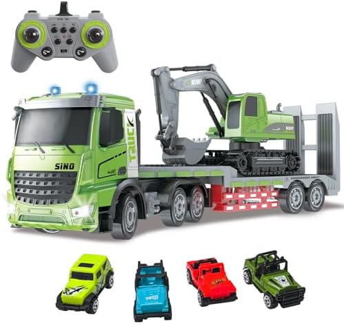 Fistone RC Semi-Trailer Truck & Excavator Toy Set, 1:12 Scale with Sound and Lights, 11CH 2.4Ghz Remote Control Flatbed Truck and Excavator Toys, Great Gift for Kids Boys by Fistone