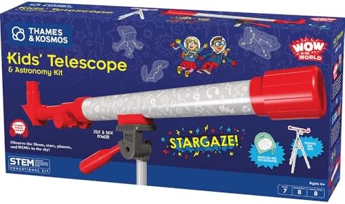 Wow in the World Kids’ Telescope & Astronomy Kit, 25x & 50x Magnification, Adjustable 48” Tripod, Includes Star Wheel & Companion Audio Content, Intro to Astronomy for Ages 6+ by Thames & Kosmos by WowintheWorld