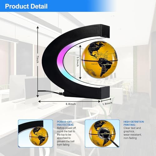 Flagest Magnetic Levitation Floating Globe, Levitating C Shape Golden Globe with LED Lights for Education Home Office Desk Decor, Holiday Anniversary Creative Gift(3.3 Inches) - Image 2