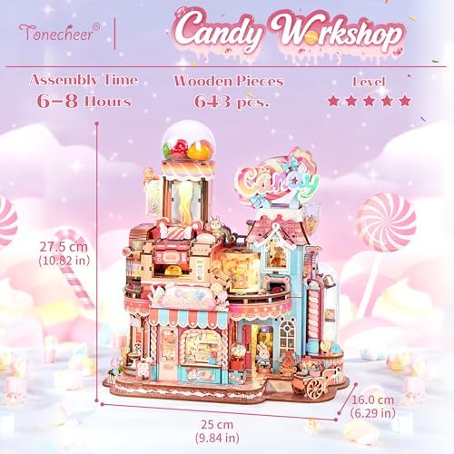 Tonecheer 3D Wooden Puzzle for Adults- Candy Workshop, Mechanical Transmission Model Kit, Dynamic DIY Building Set with Music & Lights, Miniature House Kit Ideas - Image 2