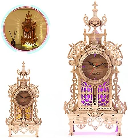 FUNPOLA 3D Wood Puzzle LED Tower Clock, 3D Puzzle Building Desktop Clock Model DIY Architectural Building Blocks (LED-TC01 Wood) - Image 2