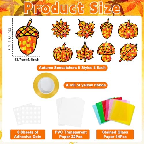 32 Sets Fall Thanksgiving Suncatchers Craft Kit DIY Window Stained Glass Effect Autumn Harvest Paper Crafts Home School Classroom Decoration Kid Birthday Gift Creative Art Project Activity Game - Image 2