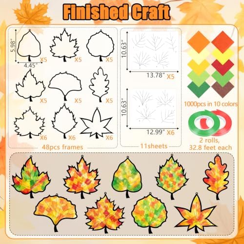 48PCS Fall Crafts Bulk: Leaves Paper Suncatchers DIY Kit for Autumn Thanksgiving Activities Decorations, Window Stained Glass Effect Art Supplies(Black,Style 2) - Image 4