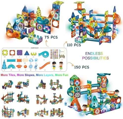Glowing Magnetic Tiles Marble Run Race Track Super Set - 150 Complete Pieces Glow in The Dark STEM Magnetic Building Blocks Gravity Marble Maze Games for Toddlers Kids Boys Girls Ages 3+ Years - Image 5
