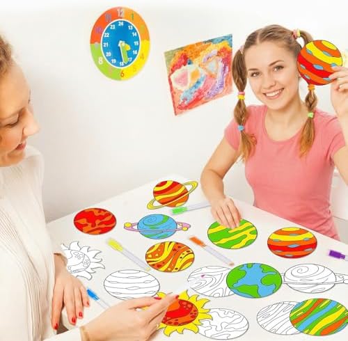 Qyeahkj 30 Set Solar System Arts Crafts for Outer Space Suncatchers Craft Kit DIY Coloring Window Cling Sticker with Markers Planet Party Christmas Gifts for Ornament Decorations - Image 5