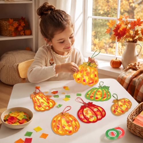 Renbuzhu 48PCS Fall Crafts Bulk: Pumpkin Paper Suncatchers DIY Kit for Autumn Thanksgiving Activities Decorations, Window Stained Glass Effect Art Supplies - Image 7
