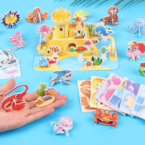 CCINEE 3D Puzzles for Kids, Cartoon Paper Puzzles Toy Gift Set for Girls and Boys Educational DIY Jigsaw Puzzle 30Pcs Mini Ocean Animals 1 Pack Sea World House for School Classroom Craft - Image 3