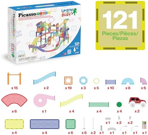 PicassoTiles 121pc Magnetic Tile Race Track Marble Run Magnet Tiles 3-in-1 Playset Car Racing Construction Set STEM Learning Early Education Building Toy Cars for School Toddlers Boys Girls Ages 3+ - Image 3