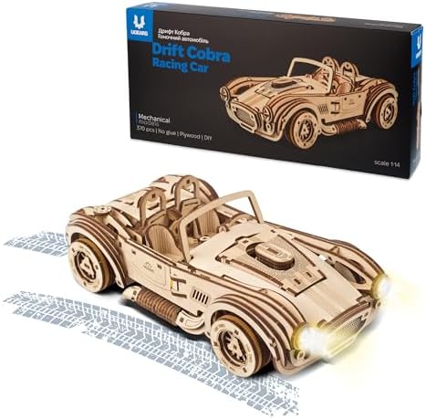 UGEARS Drift Cobra Racing Car – 3D Wooden Puzzles for Adults, Wooden Model Kits for Adults, Vintage Car Model Kit, Mechanical Build, Brain Teaser, Hobby Kit, Gifts for Engineers, Classic Car Model by UGEARS-ModelingJoy