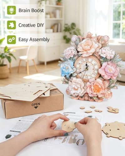 3D Wooden Puzzles for Adults, Flower Clock with Pendulum Model Kit, 3D Puzzles for Adults Room Home Decor DIY Wall Clock Kit, Holiday Birthday Christmas Day Gifts for Men Women - Image 4