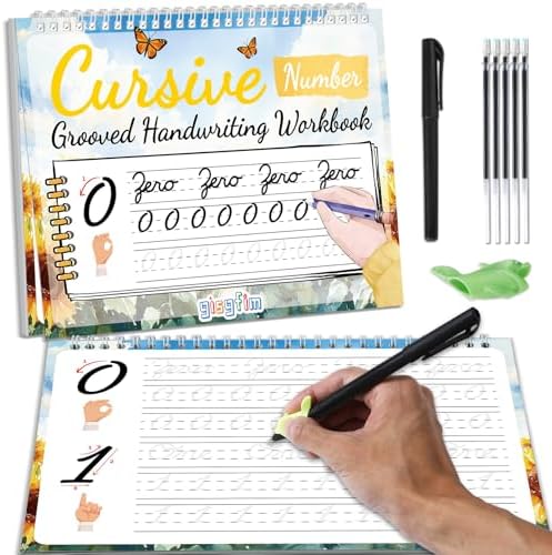 gisgfim Grooved Cursive Handwriting Workbook Magic Reusable Grooved Cursive Handwriting Practice Guided Tracing with Disappearing Ink Pens for Beginners Kids Learning Activities Supplies (Number) by gisgfim