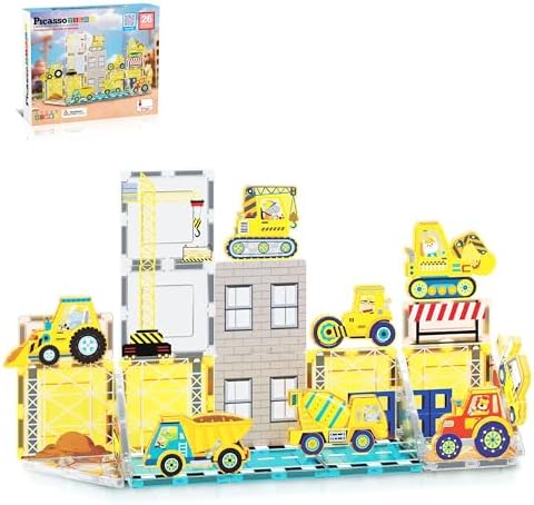 PicassoTiles Magnetic Tile Construction Set with 8 Vehicle Figures and 18 Printed Panels STEM Educational Building Kit for Kids Age 3 Plus Creative Play Learning Blocks Motor Skills Development PTQ21 by PicassoTiles