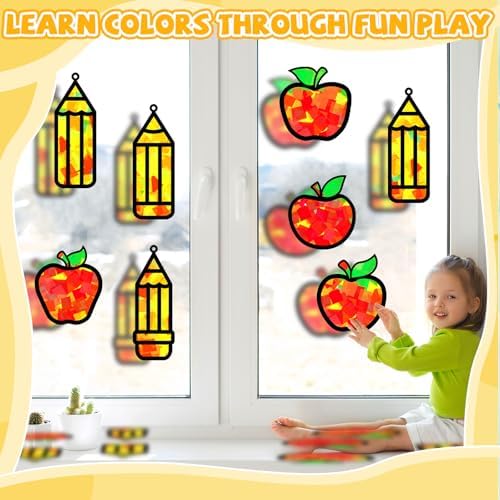 32 Sets Back to School Apple Pencil Suncatchers Craft Kit DIY Window Stained Glass Effect First Day of School Paper Craft Home Classroom Decoration Kid Birthday Gift Creative Art Project Activity Game - Image 5