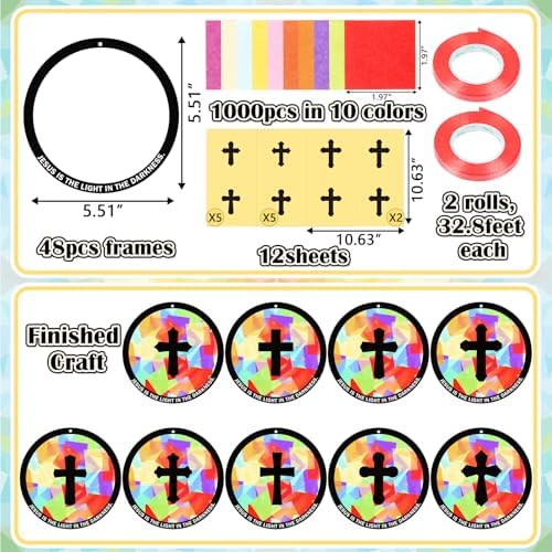 48PCS Sunday School VBS Crafts Bulk: Paper Cross Nativity Suncatchers, Jesus Religious Christian Activity DIY Kits Church Decorations, Window Stained Glass Effect Art Supplies(Round Shape) - Image 4