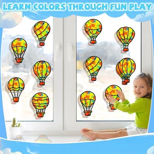 QOUBAI 32 Sets Air Balloons Suncatchers Craft Kit DIY Window Stained Glass Effect Hot Air Balloons VBS Paper Craft Home School Classroom Decoration Kid Birthday Gift Creative Art Project Activity Game - Image 5