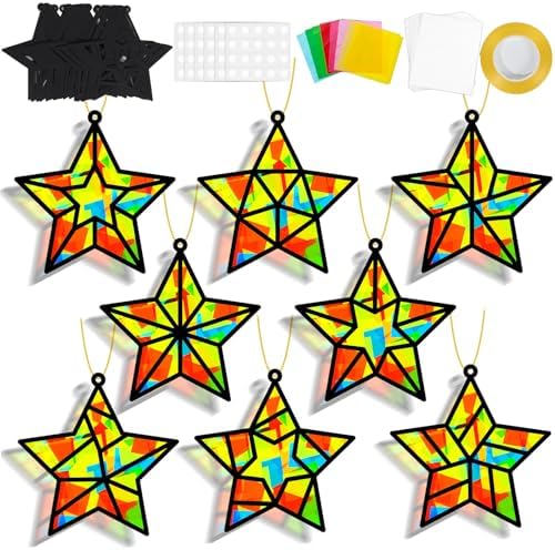 QOUBAI 32 Sets Stars Suncatchers Craft Back to School DIY Stained Glass Window Patriotic 4th of July Paper Craft Home School Classroom Decor Kid Birthday Gift Creative Art Activity Game by QOUBAI