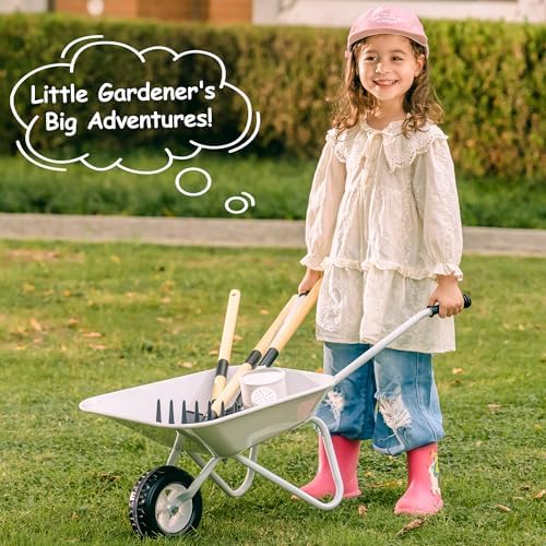 ROBUD Kids Gardening Tools Outdoor Toys Set Backyard Play with Kids Wheelbarrow-9pcs Metal Toddler Wheelbarrow, Garden Tools, Watering Can, Plant Labels for Ages 3+ (Grayish White) - Image 6